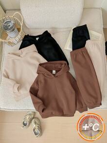 SHEIN 6件套女婴可爱纯色爱心图案连帽卫衣和松紧腰裤，秋冬季 - 彩色 - 查看 1