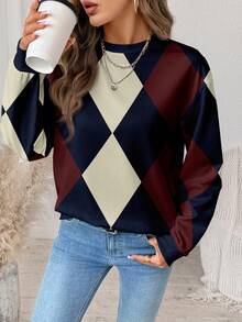 SHEIN LUNE 休闲简约格纹菱形印花图案圆领宽松女式卫衣 - 彩色 - 查看 6