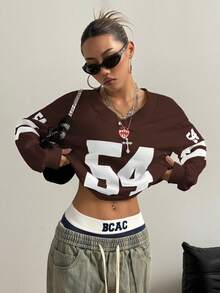 SHEIN HypeZone 女式运动街头撞色数字针织运动衫 - 咖啡棕 - 查看 5