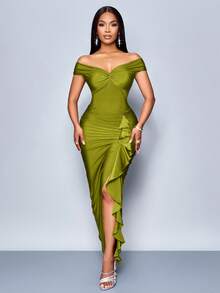 SOLERSUN 夏秋季女士服装派对酒红色露肩短袖前胸中心结侧褶前开衩荷叶边长裙 - 綠色 - 查看 6