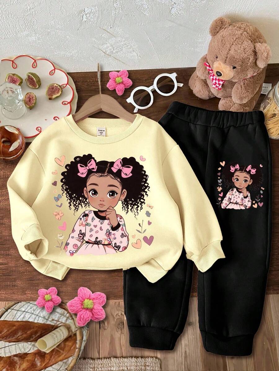 SHEIN 2 件套年轻女孩宽松休闲简约厚圆领运动衫套装,适合秋冬季 - 杏色 - 查看 1