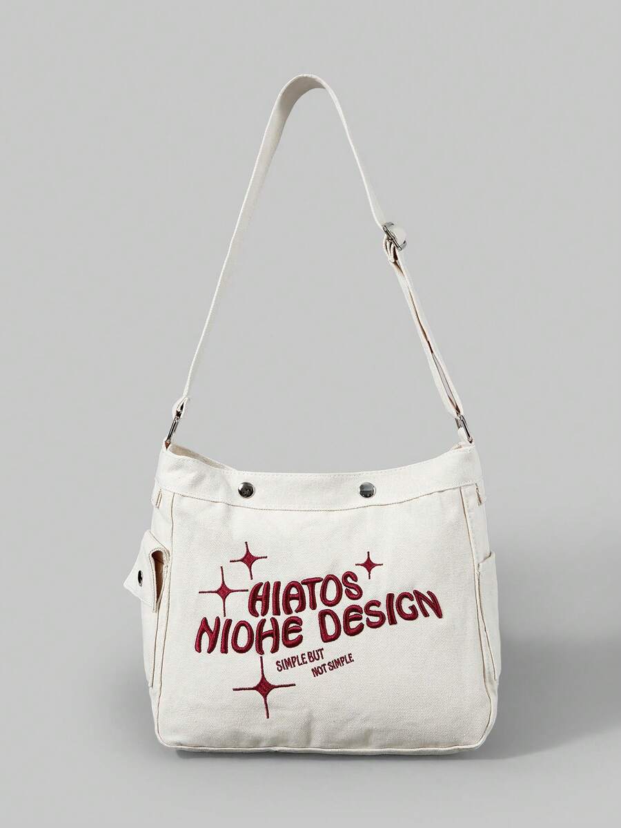 ROMWE Grunge Punk 字母細節托特包Y2K大容量單肩包女士時髦流浪包辦公和購物字母刺繡流浪包中等帆布 - 白色 - 查看 1