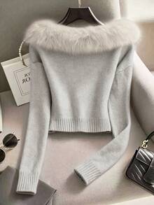 SHEIN Franclia Women's Minimalist Fashion Fur Collar Patchwork Raglan Sleeve Solid Color Knit Pullover Sweater, Autumn/Winter - Light Grey - View 2