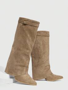 Daringsoles Women's Pointed Toe Chunky Heel Suede Western Boots, Slim Fit Tall Boots For Christmas - Apricot - View 7
