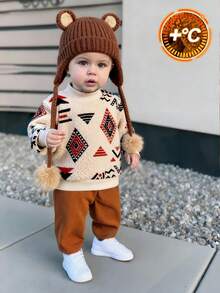 SHEIN Bộ 2 món cho bé trai gồm áo nỉ cổ cao lót giữ nhiệt và quần jogger nhung kẻ, thoải mái, đa năng, họa tiết cổ điển, phù hợp cho mặc trong nhà, ngoài trời, hàng ngày, thể thao, vui chơi, dự tiệc, chụp ảnh vào mùa thu/đông. Bộ đồ bé trai màu nâu, quần áo bé trai phong cách vintage màu nâu, trang phục bé trai cuối mùa thu. - Màu be - Xem 3