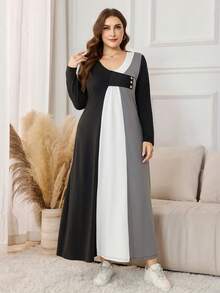 Lacomfia Vestido holgado de manga larga con cuello en V y bloque de color, talla grande, primavera/otoño - Multicolor - Ver 6