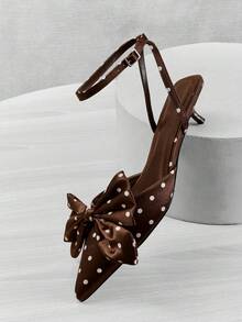 SHUZIA 女士时尚性感尖头踝带小猫跟波点高跟鞋 - 咖啡棕 - 查看 4
