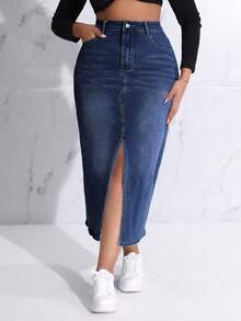 SHEIN SXY Plus Size Nút Thắt Lưng Chia Bodycon Váy Denim Có Túi, Thường Ngày & Thời Trang Để Mặc Hàng Ngày - Rửa tối - Xem 1
