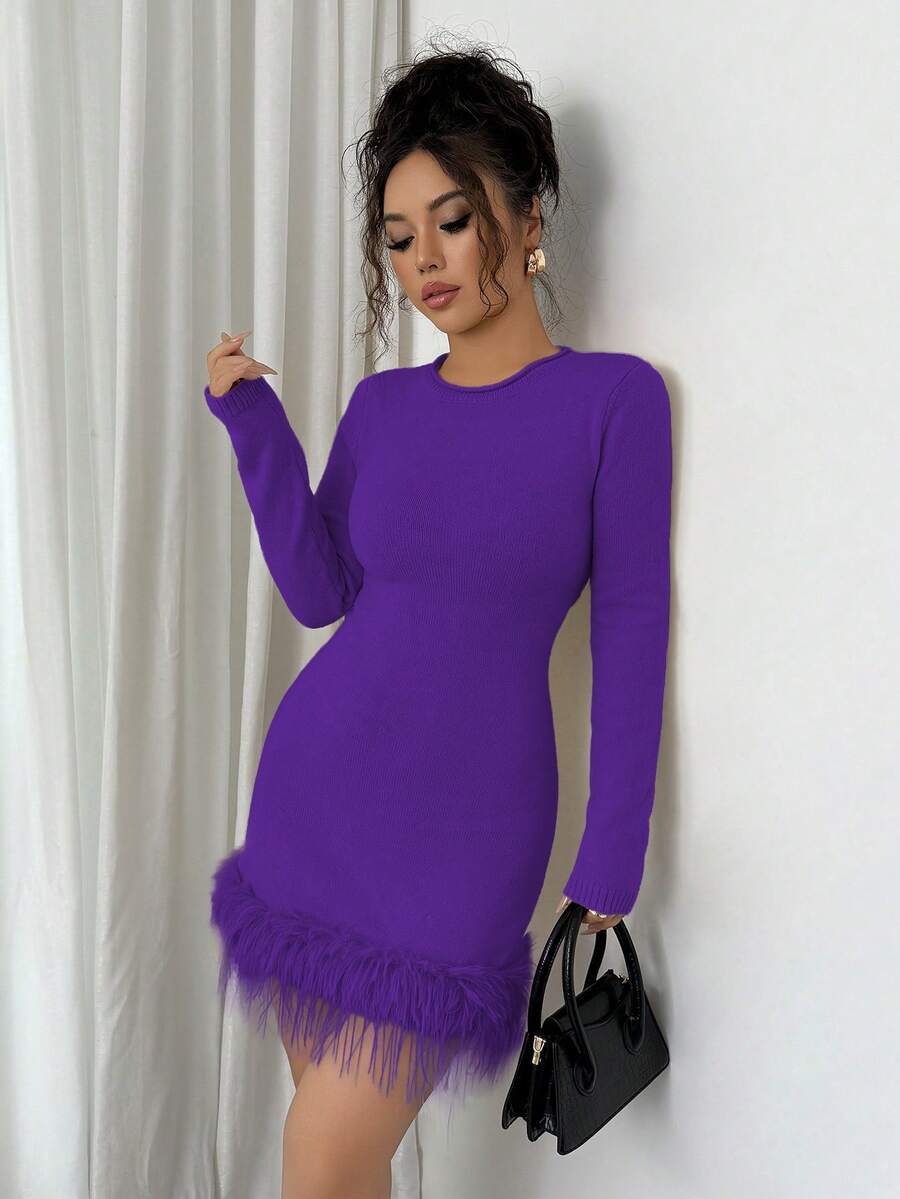 Elenzga Women's Fashionable Solid Color Fringed Decor Mini Sweater Dress - Purple - View 1