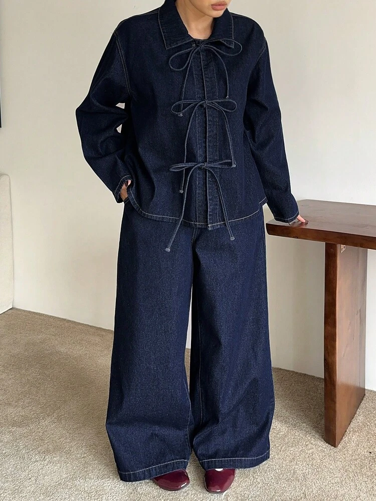 Dazy Plus Vintage Dark Washed Blue Denim 2 Piece Set, Fashionable Casual Bowknot Loose Top And Straight Leg Long Jeans, Plus Size Women Denim Suit