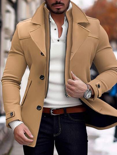 Manfinity Homme Men's Long Sleeve Casual Business Solid Color Lapel Collar Single-Breasted 2 In 1 Coat, Autumn/Winter Men Coat Fashion For Men Casual Old Money,Daily Leisure, Weekend Trips, Outdoor Activities, Travel Expeditions, Relaxed Work Environments Or Semi-Formal Occasions,Boyfriend/Husband Gift, Anniversary Gift,Christmas