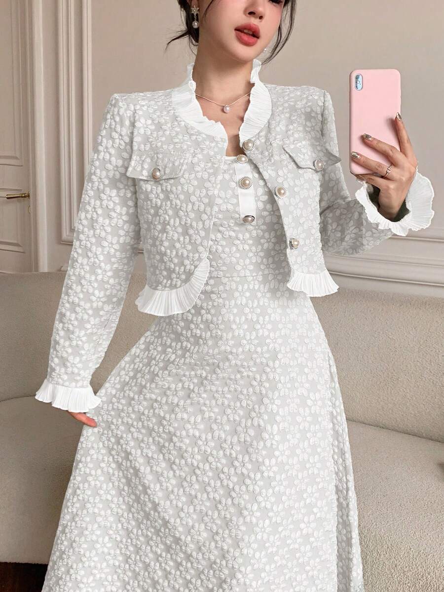 Modelyn Embossed Ruffle Front Button Long Sleeve Jacket And Sleeveless Dress Elegant 2 Pieces Set - Beige - View 1