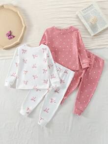 SHEIN 女婴睡衣两件套，长袖套头衫和打底裤，舒适针织面料，可爱波点蝴蝶结印花图案 - 彩色 - 查看 2