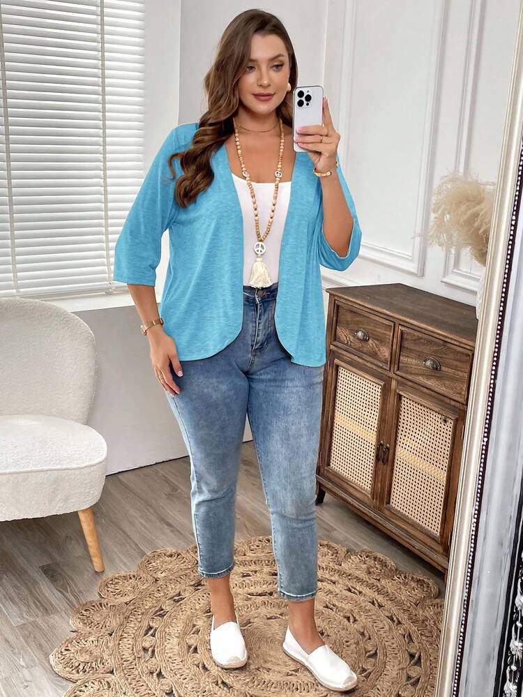 Plus Size Vacation Outfits Woman Women Cardigans Solid Color Asymmetric Hem Casual Resort CostumeJacket Solid Color Tops Light Blue Tops Summer Cardigan For Women