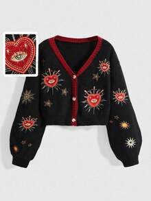 ROMWE Gothic Mysterious Witch Style Sun, Moon, Star, Heart, Eye Embroidery Contrast Color Plus Size Women Cardigan Sweater - Black - View 1