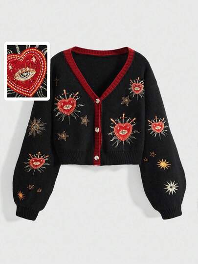Gothic Mysterious Witch Style Sun, Moon, Star, Heart, Eye Embroidery Contrast Color Plus Size Women Cardigan Sweater