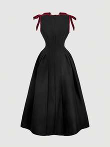 SHEIN MOD Váy đen không tay có viền tương phản, trang trí nơ và chân váy xòe rộng - màu đen - Xem 2