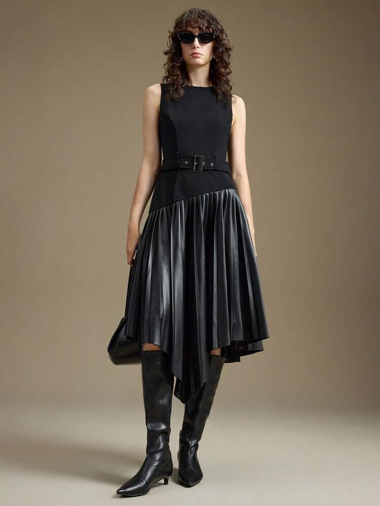 Women's Chic Blackness Autumn/Winter Long Dress,Evening Faux Leather Patchwork Pleated Design,Fitted Waist,Business Casual,Daily,Party & New Year