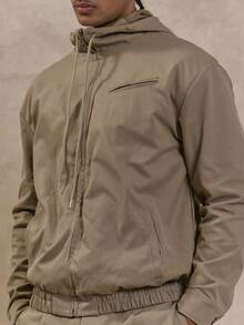 Musero Oversized Drop Shoulder Long Sleeve High Hooded Zip Through Jacket Top Only Fall/SPRING SUMMER - Khaki - View 2