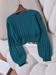 Franclia Plain Crew Neck Twist Knit Casual Pullover Sweater - Olive Green - View 1