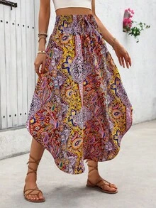 SHEIN LUNE 假日随机佩斯利印花弧形下摆长裙度假沙滩装女装 - 彩色 - 查看 3