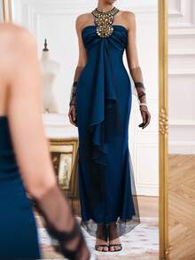 Almamuse Vacation Style Ruched Halter Dress For Women - Blue - View 4