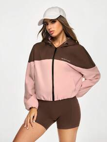 SHEIN Sports 女士字母印花撞色拉链连帽休闲运动夹克 - 粉色 - 查看 1