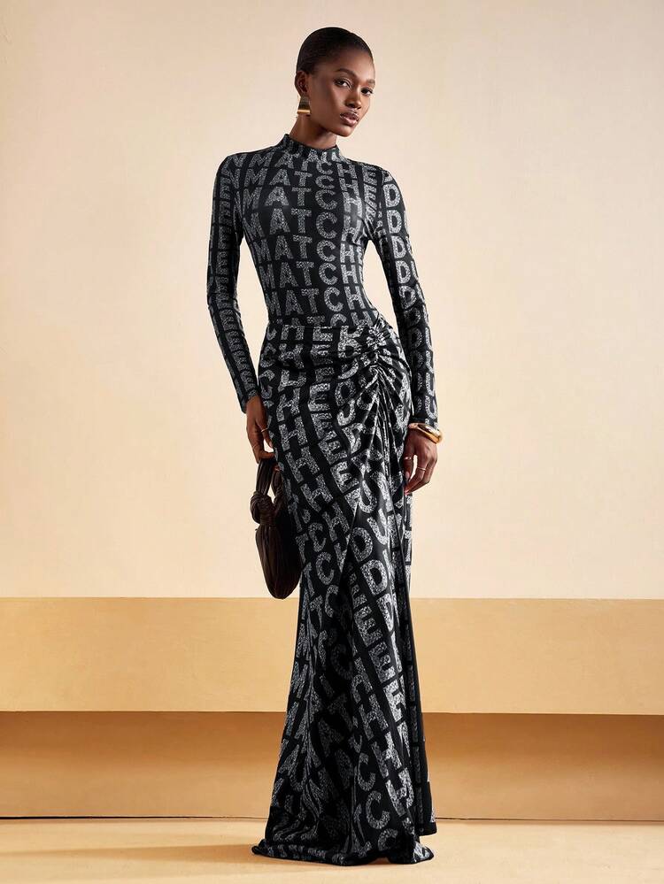 Zivah 2025 Autumn New Arrival Basic Casual Bodysuit With Long Sleeve Tight Mesh Print And Matching Long Pleated Skirt Set, Brown Base With Silver White Letter Print, Suitable For Birthday Party, Banquet, Back To School, Daily Wear, Cruise Travel, Elegant, Commuting, Business Casual,Fall,Fall Clothes For Women,Women's Winter Clothes - Black and White - View 6