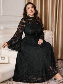 Modelyn 大码女式针织蕾丝镂空喇叭袖拉链后背优雅派对喇叭裙 - 黑色 - 查看 1