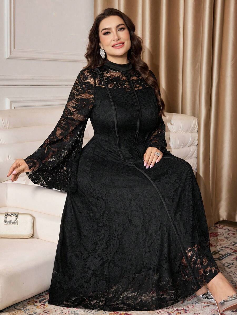 Modelyn 大码女式针织蕾丝镂空喇叭袖拉链后背优雅派对喇叭裙 - 黑色 - 查看 1