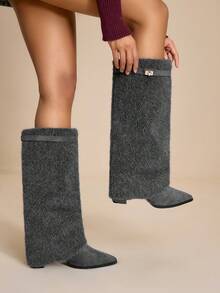 Daringsoles 女式尖头粗跟绒面西部流苏靴，修身高筒靴 - 深灰色 - 查看 6