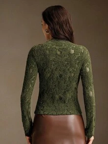 Anewsta 1pc Women's Elegant Solid Color Long Sleeve Hollow Out Stretchy T-Shirt