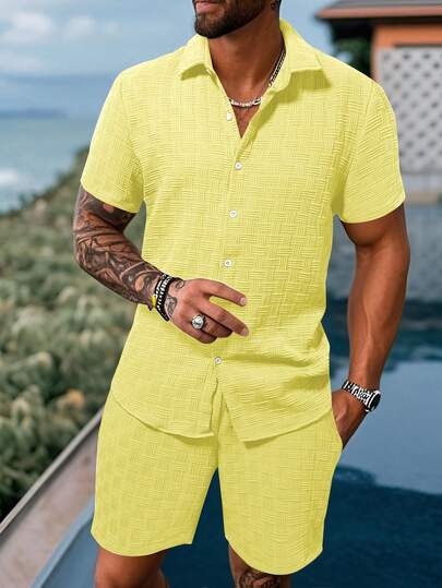 Manfinity RSRT 2pcs/Set Men Casual Solid Color Textured Fabric Short Sleeve Shirt And Drawstring Waist Shorts Summer Outfits, Yellow Two Pieces Set, Cozy Outfits