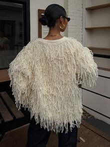 Ritzy Row Women's Casual V-Neck Metal Button Elegant Tassel Drop Shoulder Cardigan Sweater Fringe Cardigan Women Knitted Fringe Sweater Fringe Tops Fringe Clothing Women Summer Sweaters For Women - Beige - View 2