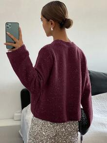 Livesso Suéter Casual Feminino de Gola Careca com Paetês, Outono - Vinho - Visão 2