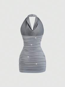 Sweetra 女士新款性感露背褶皱腰身修身亮面垂褶领鸡尾酒会礼服，适合日常通勤、毕业典礼、独立日等场合。