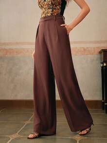 Anewsta Petite 优雅时尚设计褶裥砖红色女士西装裤，带口袋，直筒裤型，娇小款 - 棕色 - 查看 4