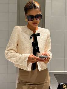 Livesso 女士优雅纹理开衫衬衫，撞色蝴蝶结设计，适合新年、圣诞节、婚礼、派对、舞会、春秋冬季女式外套 - 米色 - 查看 3