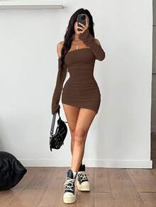 Coolane 女士白色针织修身露肩连衣裙 - 棕色 - 查看 2