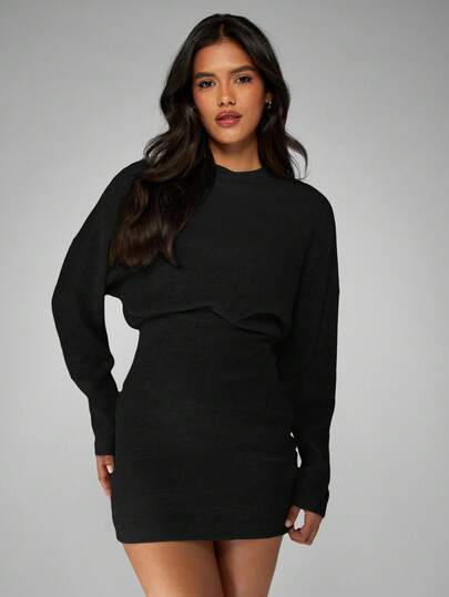 MISSGUIDED Vestido curto canelado de manga comprida com gola redonda, ideal para o outono/inverno em ocasiões casuais.