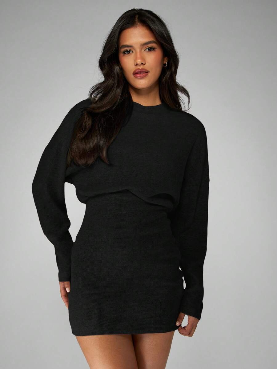 MISSGUIDED Long Sleeve Ribbed Knit Mini Dress With Crew Neck For Fall Winter Casual Everyday - Black - View 1