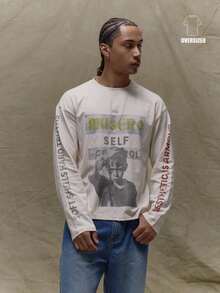 Musero Áo thun dài tay dáng rộng, in hình khẩu hiệu và họa tiết, thích hợp cho mùa xuân và hè. - Màu be - Xem 1