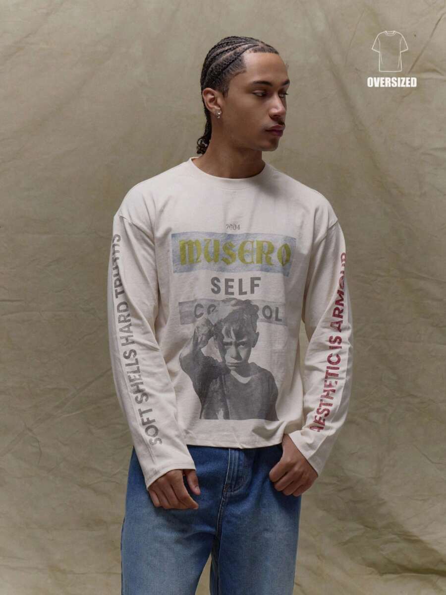 Musero Áo thun dài tay dáng rộng, in hình khẩu hiệu và họa tiết, thích hợp cho mùa xuân và hè. - Màu be - Xem 1
