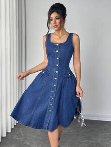 Elenzga 女式休闲牛仔口袋连衣裙 - 藍色 - 查看 5