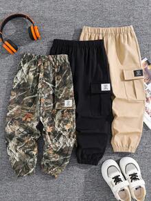 Bộ 3 quần dài dệt rộng rãi thoải mái có túi rút in họa tiết trơn dành cho bé trai, 3 kiểu dáng, thích hợp mặc đi làm, đi học, thường ngày, du lịch, thể thao, thu/đông - Nhiều màu - Xem 3