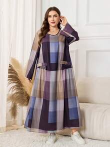 Lacomfia Große Größen Damen Langarm Kleid mit Karomuster in weiter Passform