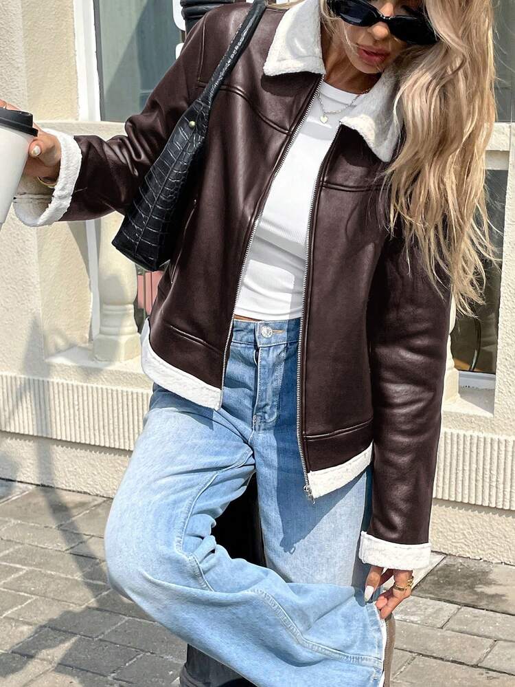 Serisse Jaqueta de Couro PU com Zíper e Gola de Borg, Moda Outono Feminina - Castanho - Visão 4