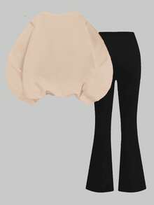 两件套复古可爱豹纹蝴蝶结印花奶油色、咖啡色和黑色宽松圆领长袖卫衣套装，街头复古风，适合秋冬季节，少女款 - 彩色 - 查看 3