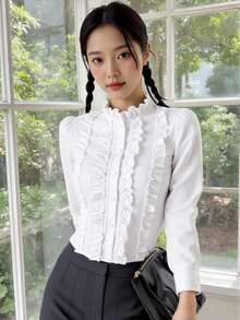 青少年白色衬衫，耳叶形蕾丝花边，长袖儿童衬衫，适合春秋季穿着，百搭女童立领上衣，学院风女童服装，珍珠纽扣儿童服装 - 白色 - 查看 7