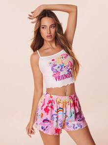 My Little Pony X SHEIN 女士可爱马匹印花吊带背心和短裤睡衣套装，夏季 - 彩色 - 查看 6